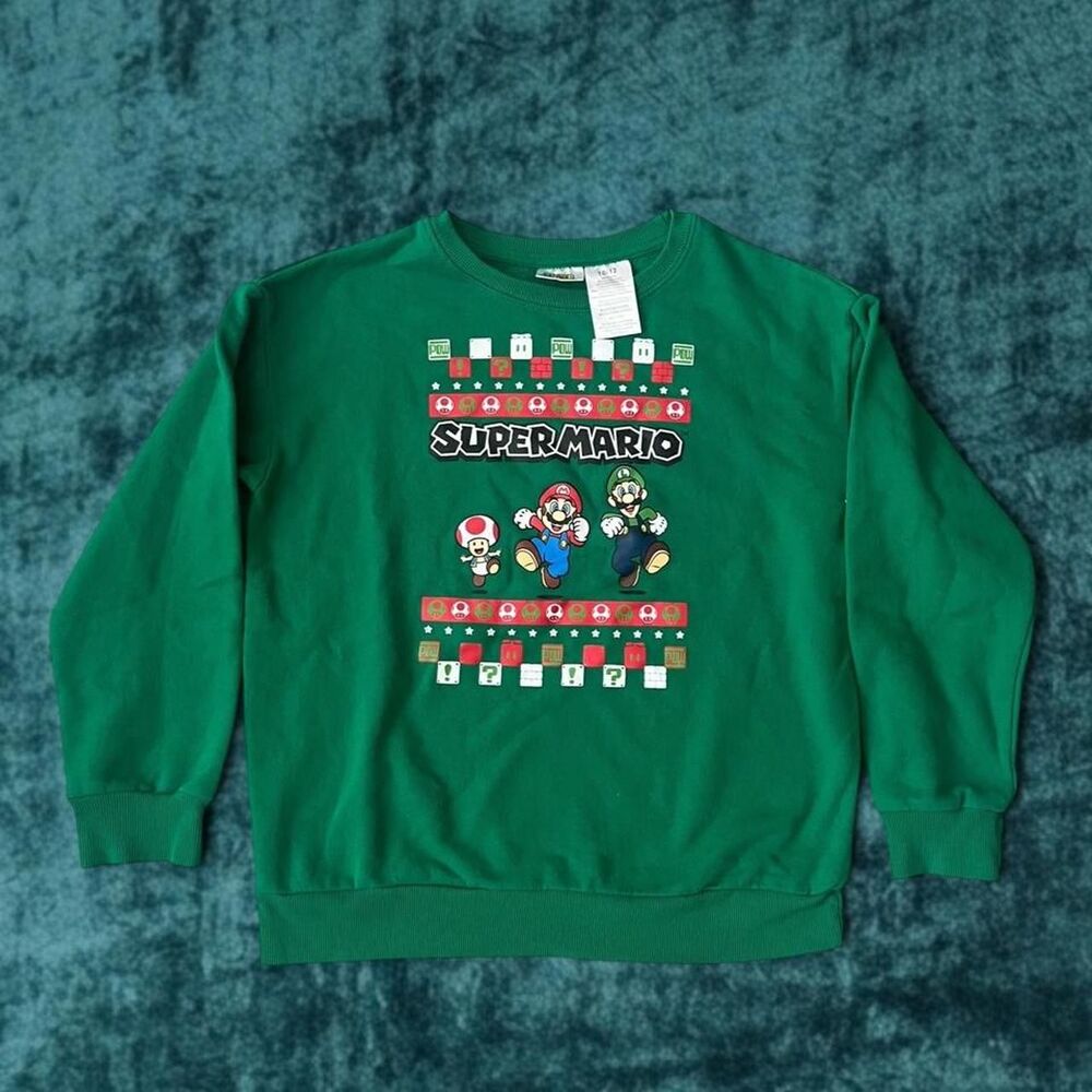 Super Mario Bros Luigi Toad Green Graphic Youth Sweatshirt Size 10-12